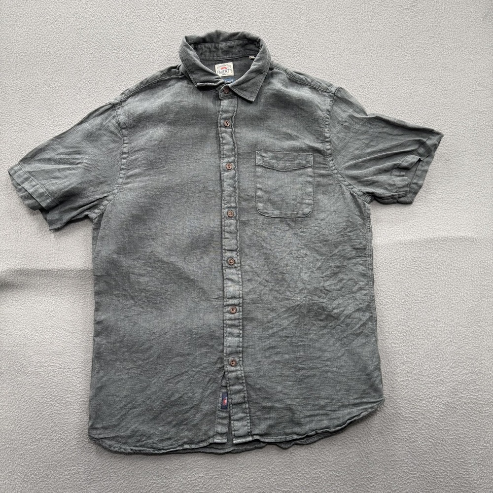 Faherty Palma Linen Shirt Mens Medium Gray Solid Short Sleeve Button Up Casual
